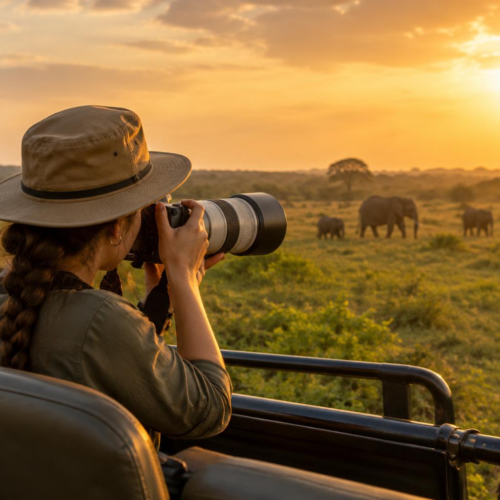 Wildlife photographer on a safari jeep photographing elephants